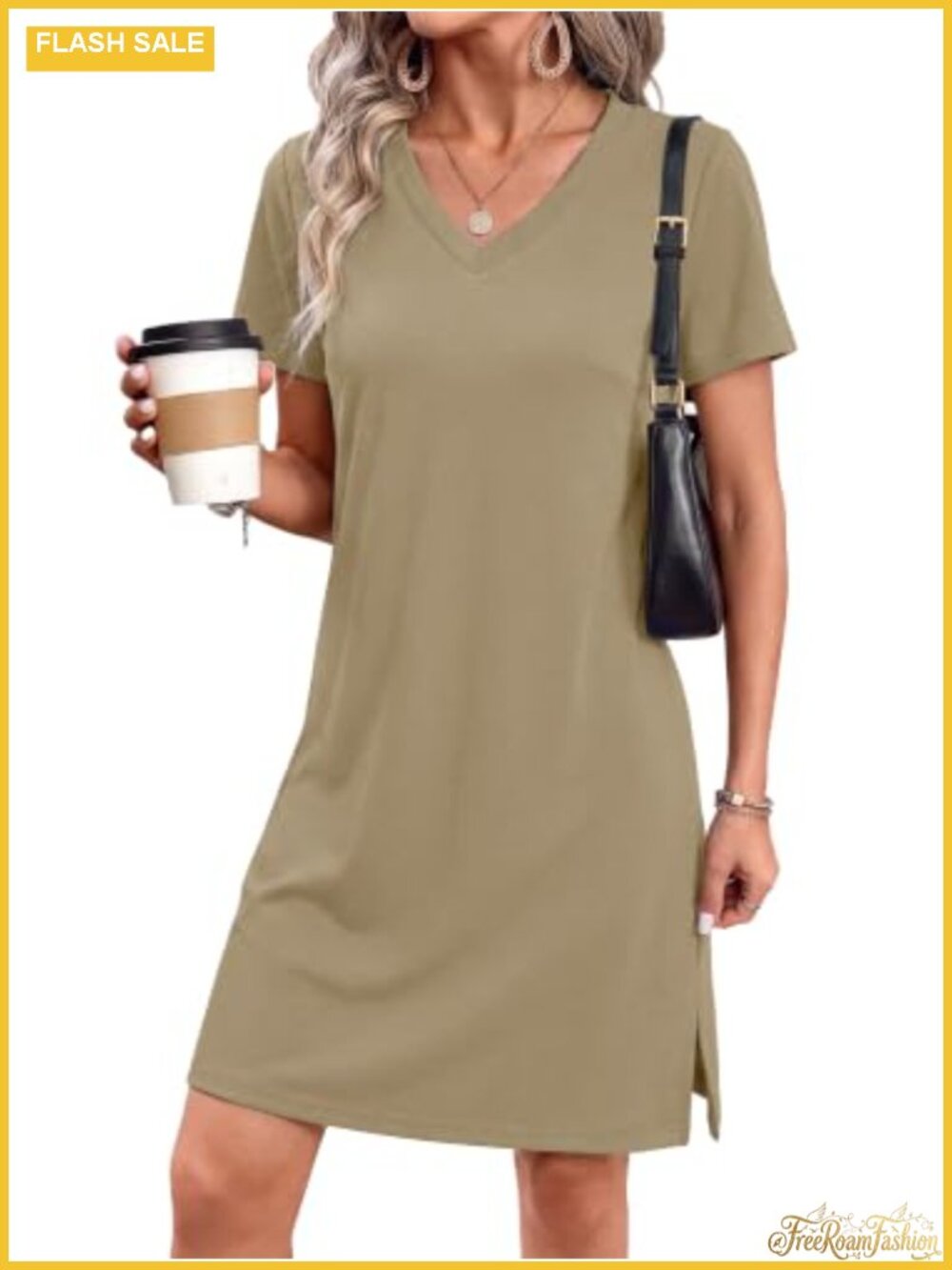 V-Neck Casual Sundress with 4-Way Stretch, Knee-Length A-Line, Side Slits